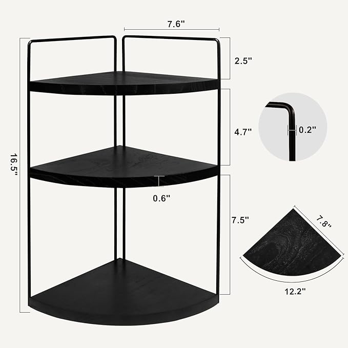 Corner Bathroom Counter Organizer Countertop Black, 3-Tier Corner Shelf Wood Vanity Tray Easy Assembly Space Saving Shelf for Kitchen, Bathroom, Dresser, Makeup, Office