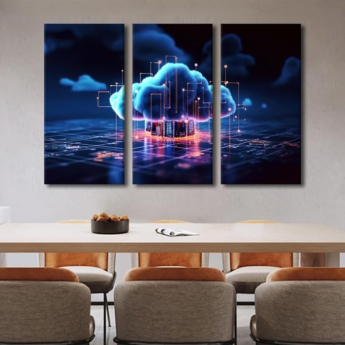 TUMOVO 3 Panel Large Wall Art Crypto, AI, Firewall Network Security, Artificial Intelligence, Cyber Security, Cloud Managed, Circuit Board Picture Poster for Home Wall Decorations, 60" Wx40 H