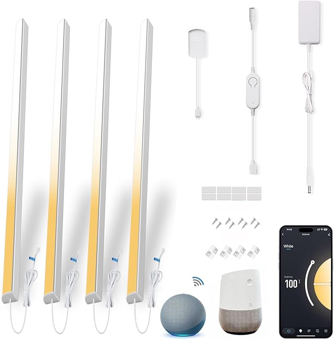 Smart Under Cabinet Lighting, 4-Pack 12" V Shape LED Light Bar Kit - Dimmable 2700K to 6000K Color Adjustable, Control with App - Compatible with Alexa, Google Assistant