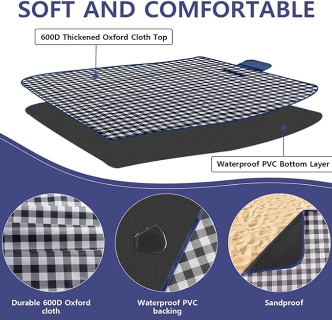 Outdoor Picnic Blanket, Foldable Waterproof Sand Beach Mat, Large 80x60in Beach Camping Hiking Travel Family Concerts Portable Beach Blankets (Dark Blue)