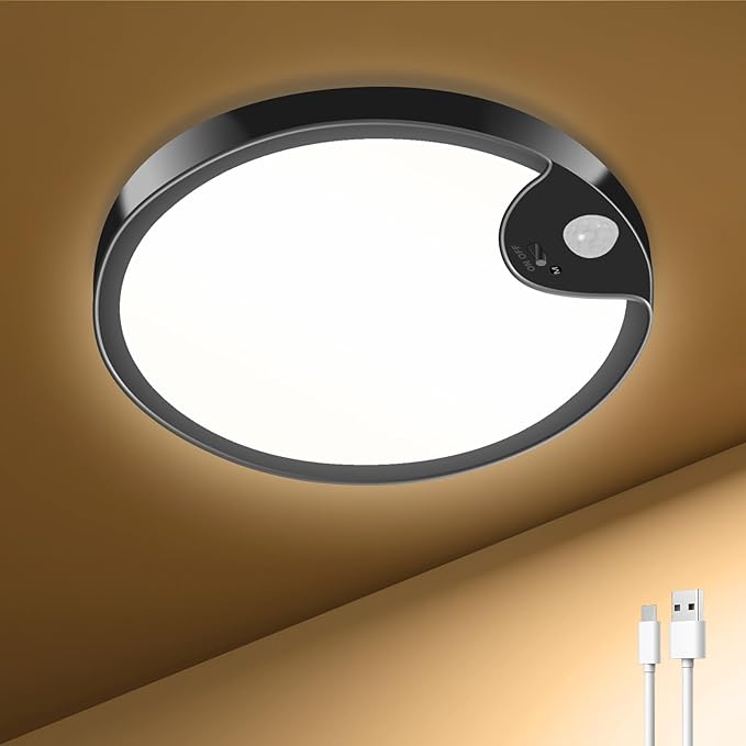 TOOWELL Waterproof Shower Light Indoor - Rechargeable Motion Sensor Ceiling Light, 3CCT Closet Light Battery Operated, Wireless Overhead Sensor Light for Shower Closet Pantry Hallway