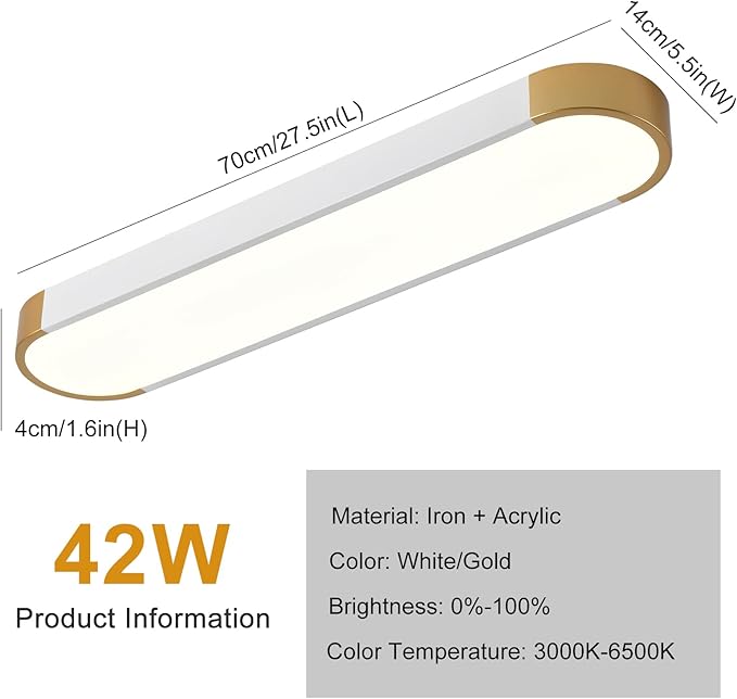 Tioolo Dimmable LED Ceiling Light with Remote 42W Kitchen Lighting Fixtures Ceiling White and Gold Long Ceiling Light Fixture 27.5 Inch Flush Mount Ceiling Lights for Kitchen Dining Room Hallway