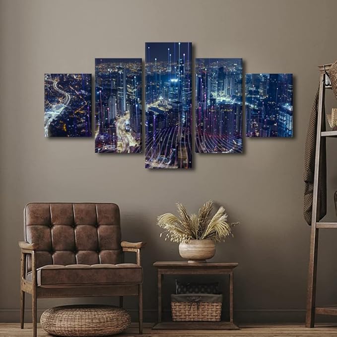 Advanced Smart City Poster Native Americans Home Decoration 5 Panel Futuristic Communication Picture Printing Technology Workers Office Living Room Decor Frame and Stretched Ready to Hang 60x32 Inch