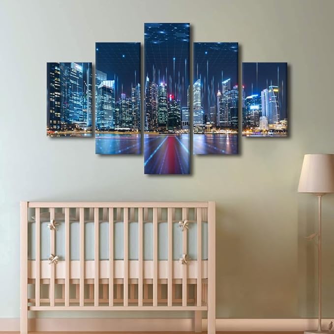 Canvas Art for Bedroom Native Americans Home Decoration Modern Smart City and Digital Picture Printing Teacher Living Room Office Wall Artwork 5 Panel Abstract Point Poster Ready to Hang 60x40 Inch