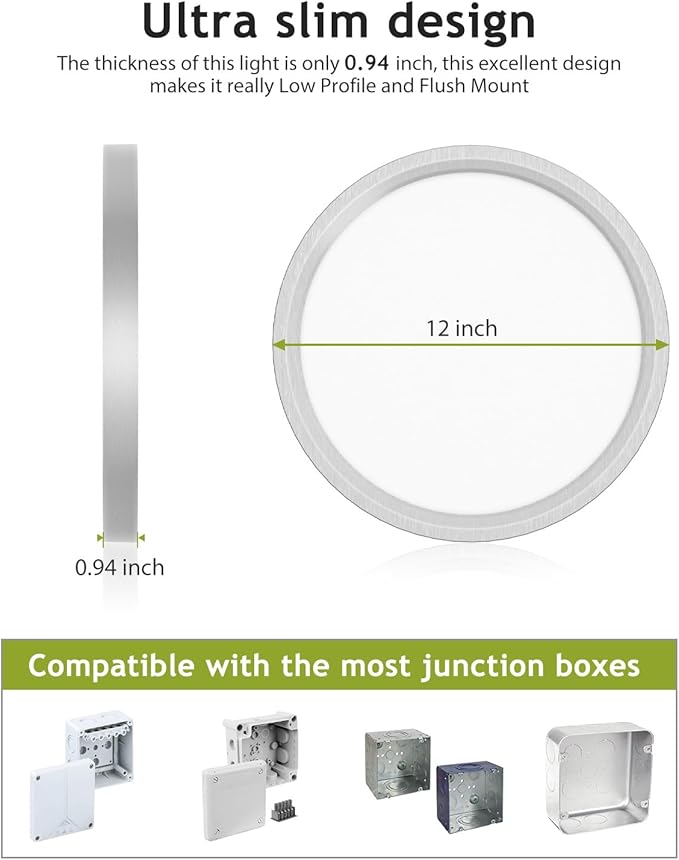 hepside 1PACK Flush Mount LED Ceiling Light Fixture Brushed Nickel, 12Inch 28W, Dimmable 3000K-4500K-6000K 3 Color Selectable Ceiling Lamp 3200LM Low Profile Ceiling Light for Kitchen Bedroom Hallway