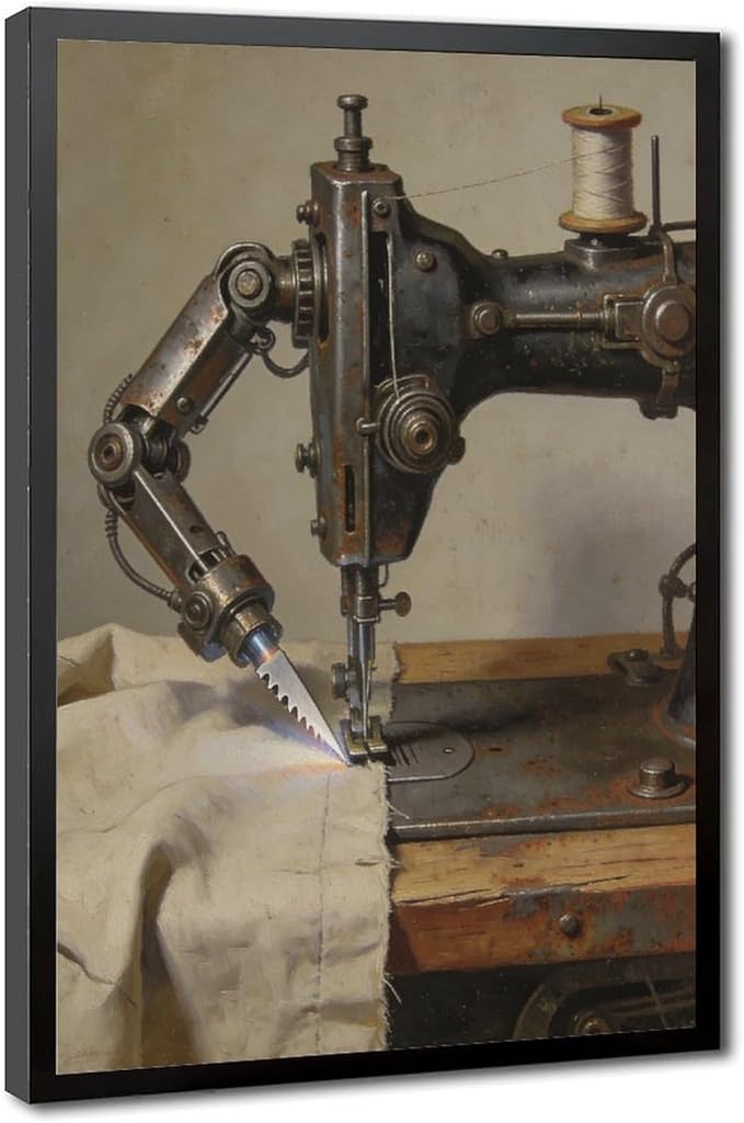 Framed Steampunk Mechanical Sewing Machine Wall Art - Retro Industrial Workshop Poster for Home Office Studio Decor 12x18in