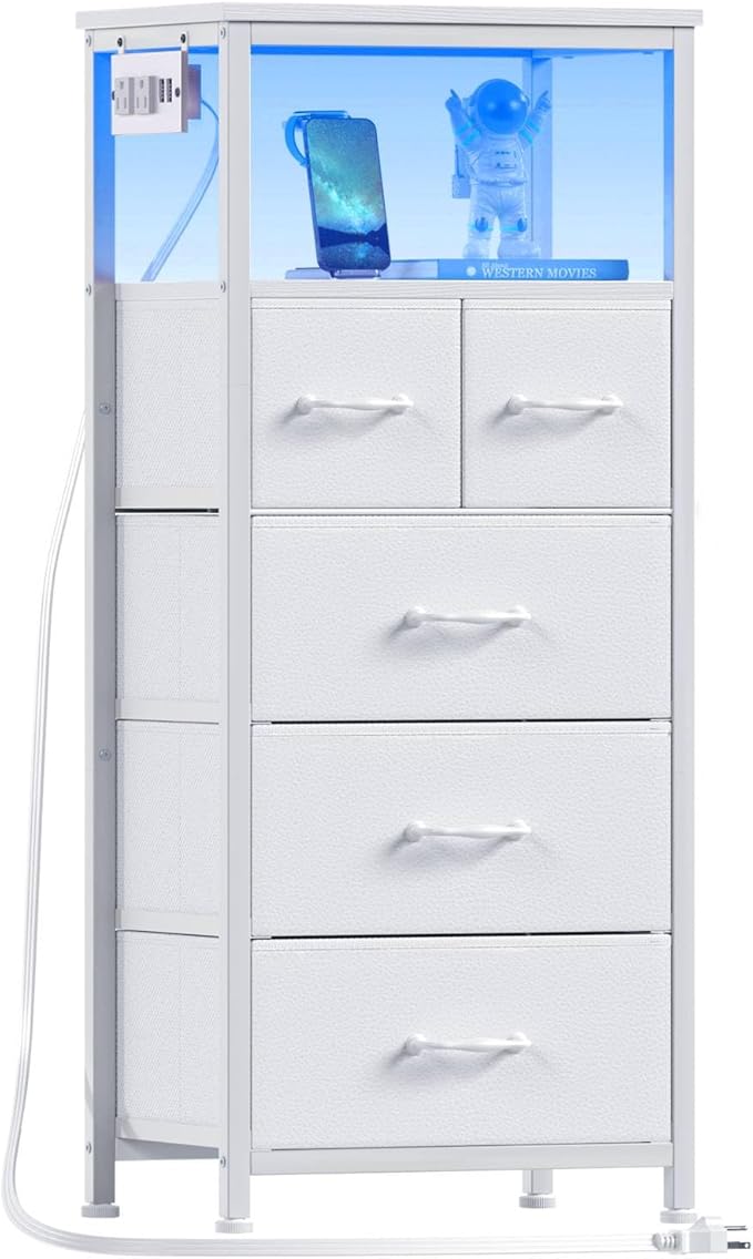 Furnulem Dresser for Bedroom, Tall Nightstand, Vertical Chest with Wood Top, Charging Station, LED Lights, 5 Fabric Bins, Bedside Table with Shelf, Furniture for Entryway (5 Drawer, White)