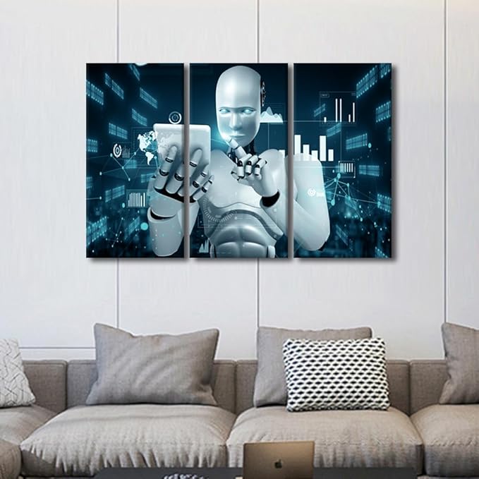 3 Pieces Banquet Wall Art AI Intelligence Artwork Wall Decor Canvas Wall Art Framed Wall Art Robot Prints on Canvas Wall Paintings Robot Posters Home Office Room Wall Decor, 42" Wx28 H