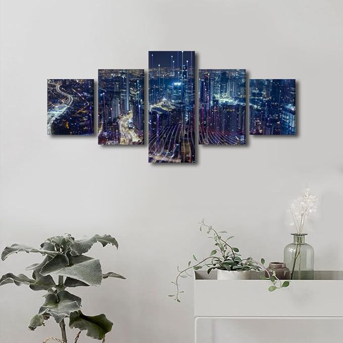 Canvas Wall Art Modern Cityscape Poster 5 Panel Home Decoration Particle Glowing Light Picture Printing Connection Design Poster Internet Companies Corridor Decor Framed Ready to Hang 50x24 Inch