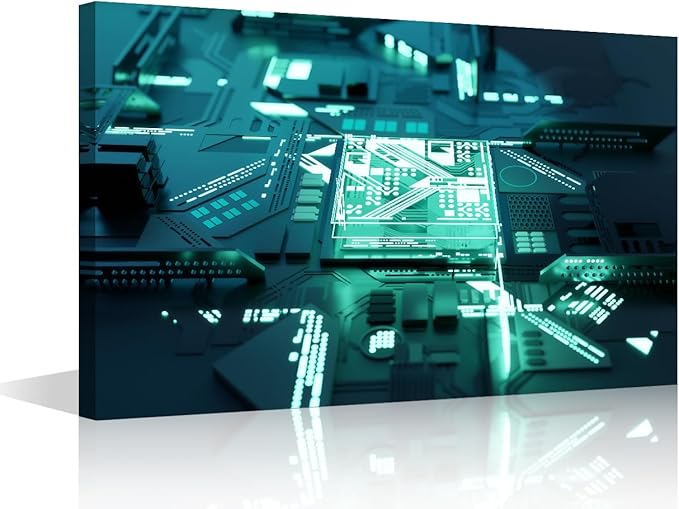 1 Panel AI Canvas Prints Glowing CPU Painting Computer Chip Pictures for Living Room Digital Age Modern Canvas Wall Art Framed House Decoration for Bedroom Office Ready to Hang - 36x24in