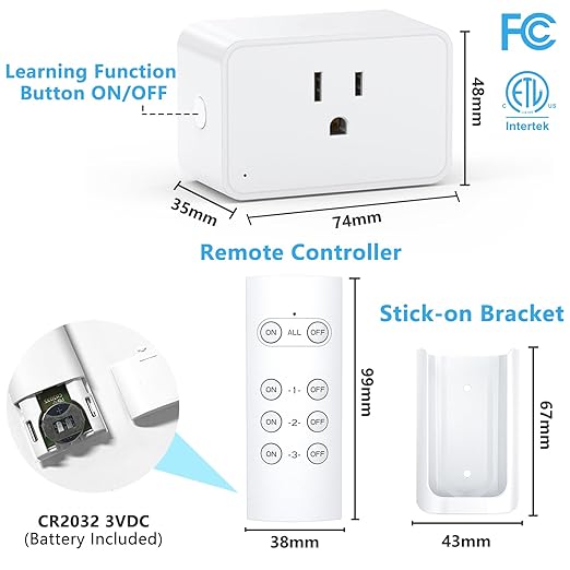 G-Homa Remote Control Outlet, Wireless Electrical Outlets Switch Plug for Household Appliances, Christmas Lights, 100FT Range, Programmable, 1875W/15A, FCC & ETL Listed (1Socket+1 Remote +1 Bracket)