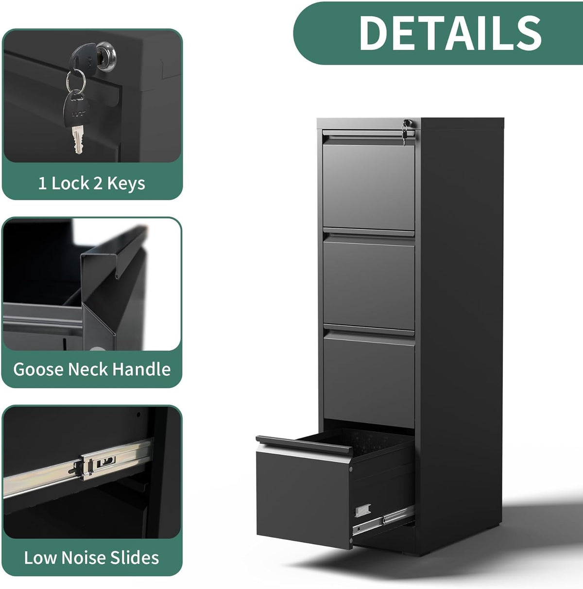 4 Drawer File Cabinet with Lock,Metal Vertical Filing Cabinets for Home Office,Heavy Duty File Storage Cabinet for Letter/Legal/A4/F4 Size File,Assembly Require (Black, Vertical 4 Drawer)