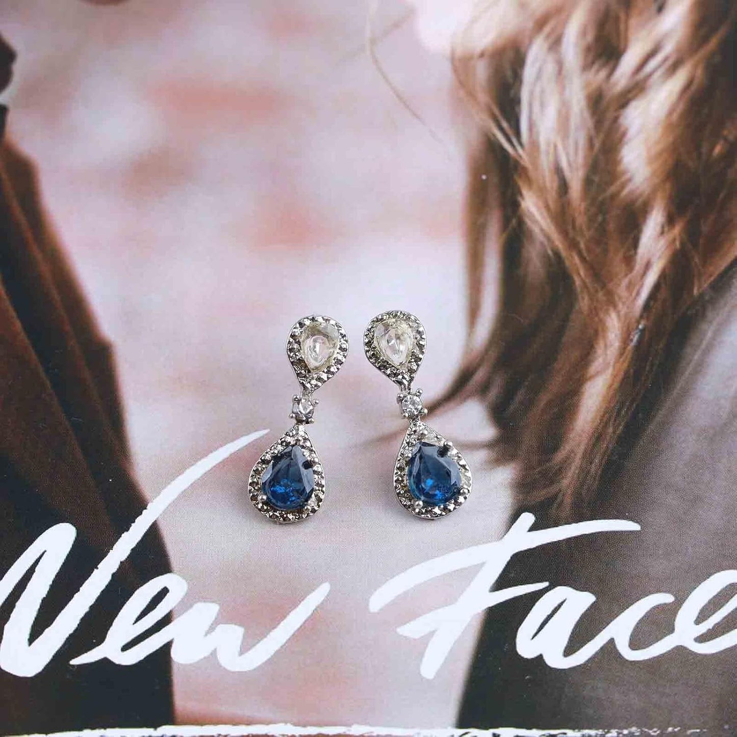 Vintage Sapphire Drop Earrings Oval Sapphire Crystal Earrings Silver Teardrop Rhinestone Stud Earrings Blue Crystal Wedding Earrings Jewelry for Women and Girls Gifts
