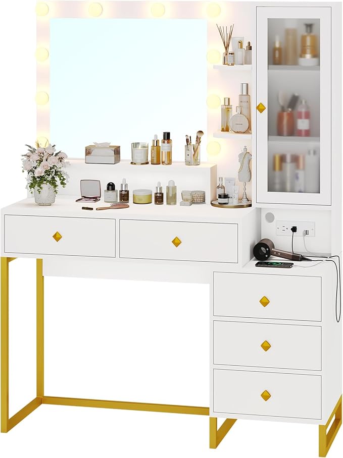 Tiptiper Makeup Vanity with Lights & Charging Station, Large Vanity Desk with Mirror and Lights, Makeup Table with 5 Drawers & Shelves, White and Gold