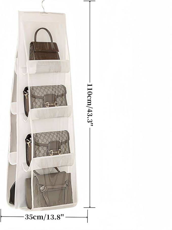 HAN SHENG 8 Pockets Clear Handbag & Purse Organizer Hanging Bag Storage - Space Saving Hanging Shelf for Closet, Wardrobe, Over Door (2 Pack, White)