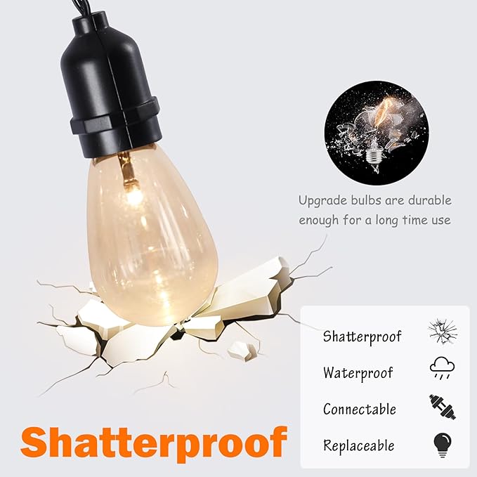 Afirst Solar Outdoor String Lights Waterproof 11FT with 15 LED Bulbs Shatterproof, UL Listed Solar Patio Lights for Garden, Backyard, Porch.