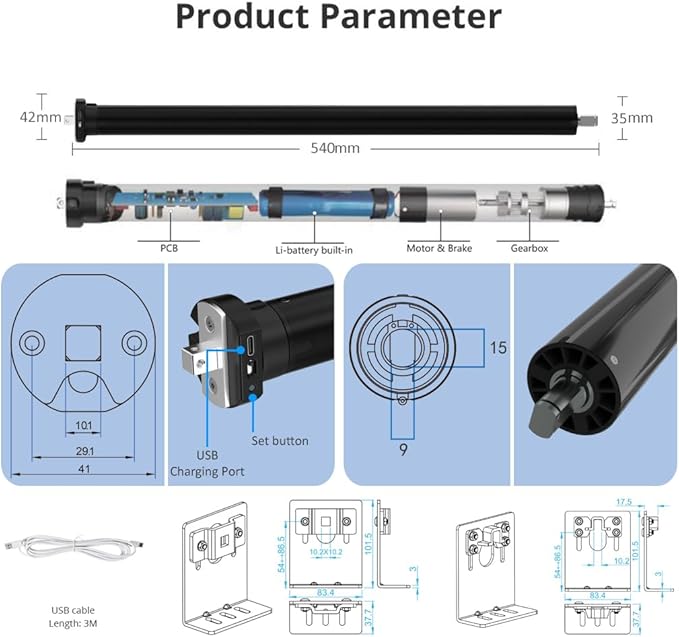 Remote Control Rechargeable Electric Roller Shade Motor, High Torque Tubular Motor for, Built-in 5000mAh Batteries Heavy Duty DIY Retrofit Kit (10 N.m for Φ40mm (1.57") Round Tube)