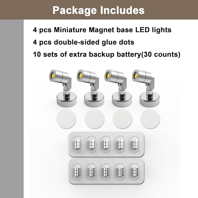 Metal Miniature LED Light,Tiny Spot Lights with Magnet Base,Battery Operated LED Lights,Wireless Miniature Spot Light for Artwork Painting,Jewelry Showcase,DIY Hand Craft (Cool White)