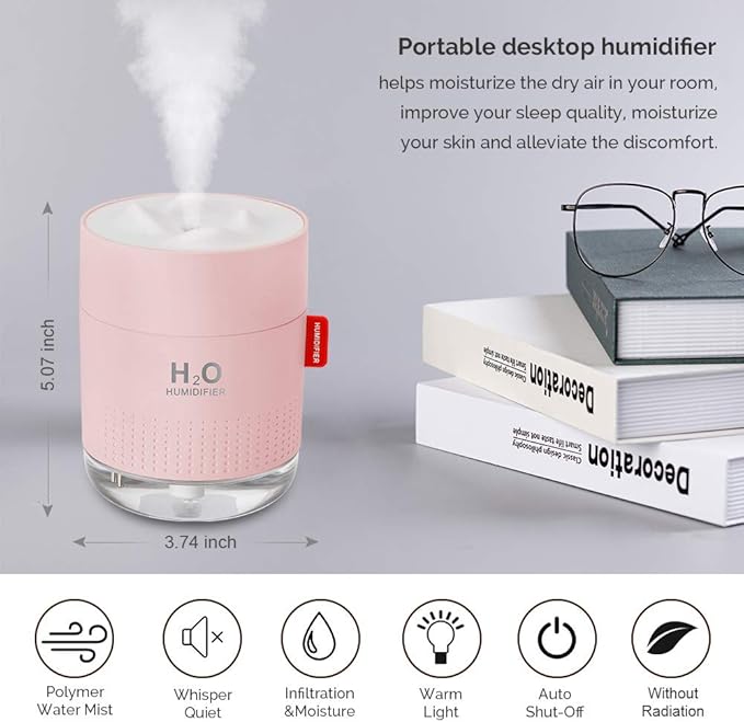 Portable Mini Cool Mist Humidifier, 500ml USB Personal Desktop Humidifier for Baby Bedroom, Travel, Office, Home - Auto Shut-Off, 2 Mist Modes, Super Quiet (Pink)