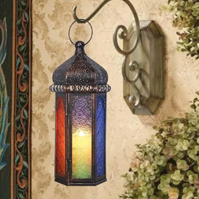DECORKEY Ramadan Decorations, Vintage Candle Lantern Decorative Indoor&Outdoor, 14.7'' Moroccan Hanging&Tabletop Lantern with 6 Colors Glass, Metal Decor for Home Front Porch Patio Decor
