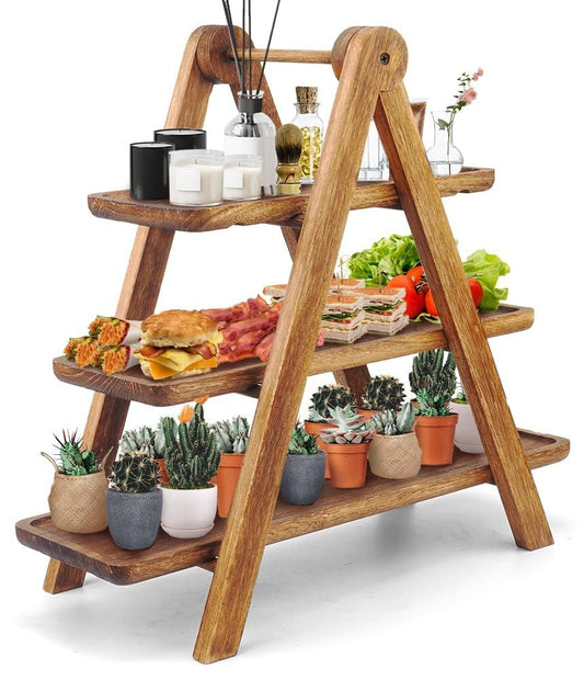 Manspdier Wood 3 Tier Serving Tray Three Tiered Cupcake Stand, Rectangle Serving Platter Wooden Farmhouse Tiered Tray, Party Serving Brown Decorative Tray Decor