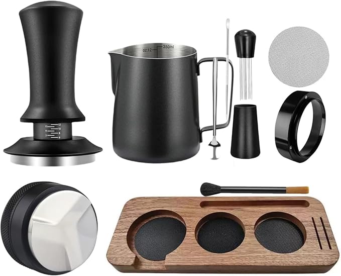 54mm Espresso Accessories 10 PCS - WDT Tool Kit， Coffee Tamper with Wood Espresso Tamping Station， Frothing Pitcher, Distributor, Stirrer, Dosing Funnel, Brush, Puck Screen， Latte Art Pen