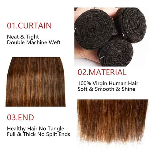Giginger Straight Human Hair Bundles 18 20 22 Inch Brazilian Chocolate Brown Highlight P4/30 Straight Bundles Human Hair 100% Unprocessed Raw Quick Weave Hair for Black Women