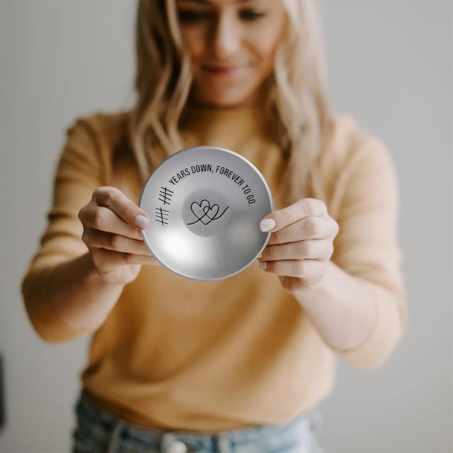 10th Anniversary Aluminum Gifts for Her/Him, 10 Year Wedding Anniversary for Wife Husband Couple Parents, 4" Ring Holder Dish Jewelry Tray - Decoration Ideas Tin Gift for Men Women