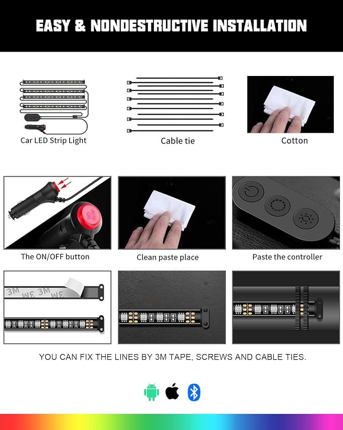 SUNPIE Car LED Lights Interior RGB LED Strip Smart Lighting w/Multi-Color App Control Waterproof Atmosphere Car Light w/8.8ft Length and DC 12V Car Charger Sync to Music