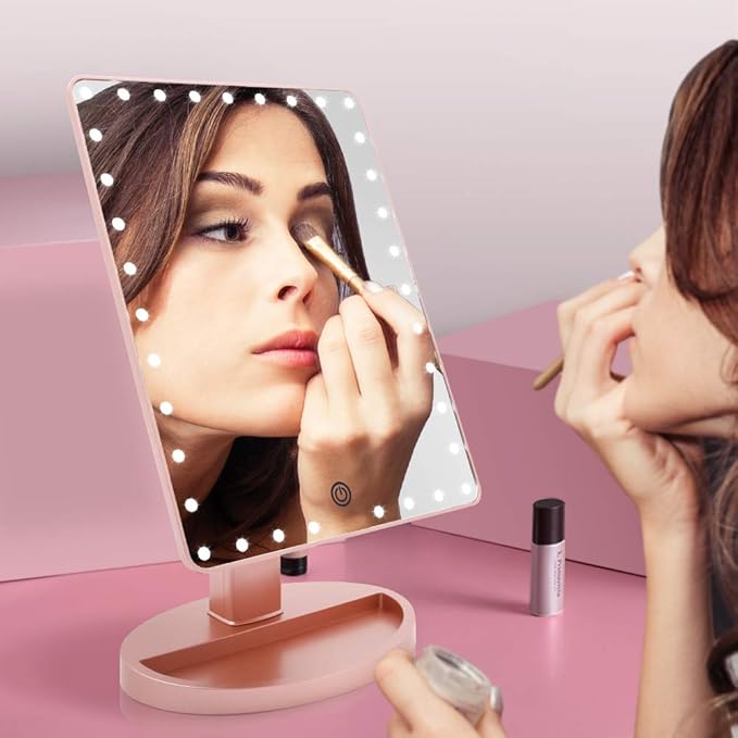 FUNTOUCH Large Lighted Makeup Mirror with Lights, Light Up Mirror with Small 10x Magnification for Desk, 360°Rotation Touch Screen,Brightness Adjustable Tabletop Cosmetic Vanity Make Up Mirror
