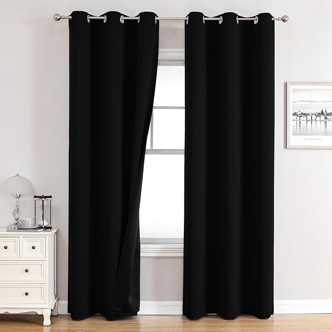 ChrisDowa 100% Blackout Curtains 72 inch Long for Bedroom with Black Liner, 2 Thick Layers Total Blackout Thermal Insulated Grommet Window Curtains 2 Panels Set (Black, 42 x 72 Inch)