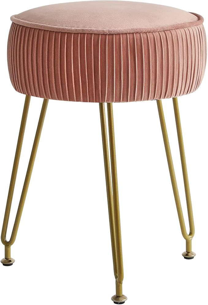 IBUYKE Velvet Round Footrest Ottoman, Makeup Vanity Stool Side Table, Velvet Dressing Table Seat, Pouf Couch Stool, Golden Steel Legs, Pink LG-30P