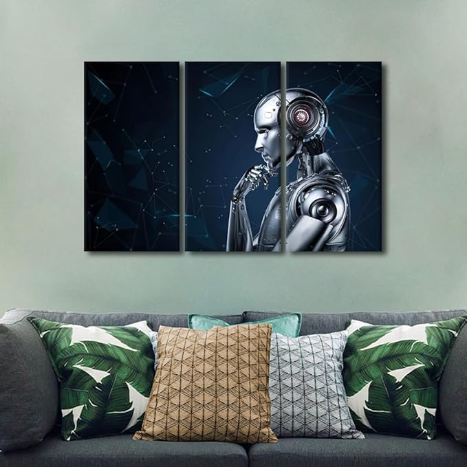 TUMOVO Robot Wall Art AI Intelligence Canvas Art Prints Artwork 3 Pieces Canvas Wall Art Wall Decor AI Posters and Prints Contemporary Home Decor Framed Ready to Hang, 42" Wx28 H