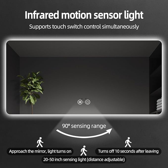 LED Bathroom Mirror with Lights, Ultra-Clear Glass, Shatter-Proof, 36"x48" Smart Bathroom Mirror with Auto Sensor Lights, Anti-Fog, Bathroom Wall Mounted Mirror, Stepless Dimmable, Memory