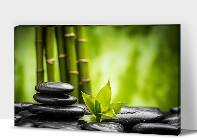 GUTTATY Zen Wall Art Decor, Modern Bathroom Zen Decor Wall Art, Relaxing Canvas Wall Art for Spa Zen Room Decor, Green Bamboo Forest and Pebble Art Prints for Office & Spa Wall Decor 12x18 Inches