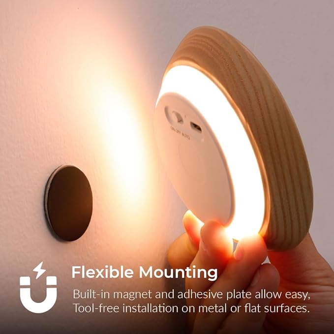 Flower Motion Sensor Night Light, Carved Wooden Flower Wall Lamp, Backlight LED Light, Rechargeable & Stick-On Magnetic Mount for Indoor Decor, Living Room, Bedroom, Stairs (Round Ash Wood *1Pack)