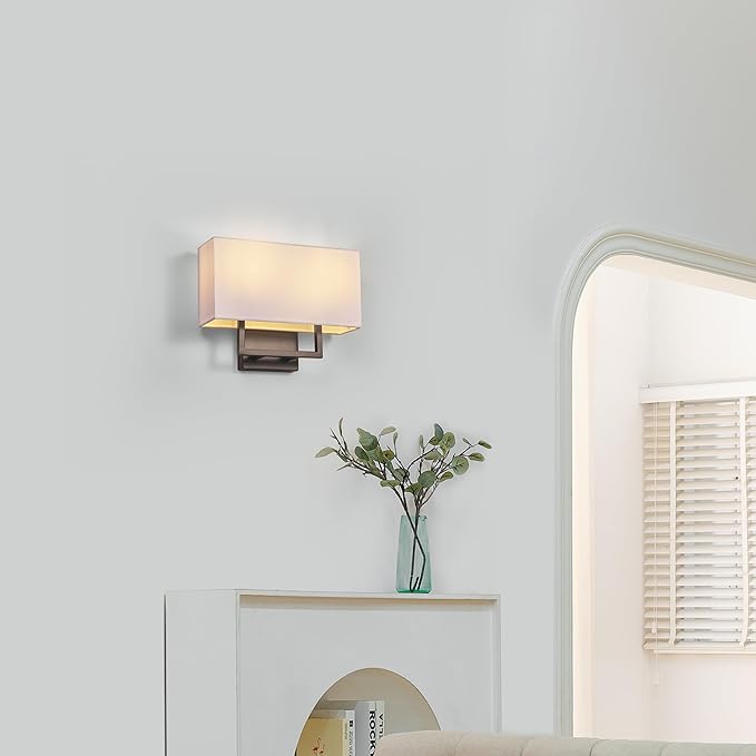 Globe Electric 2-Light Wall Sconce, Matte Black, White Linen Shade, Rectangular Cutout Body, Dimmable, 65000081