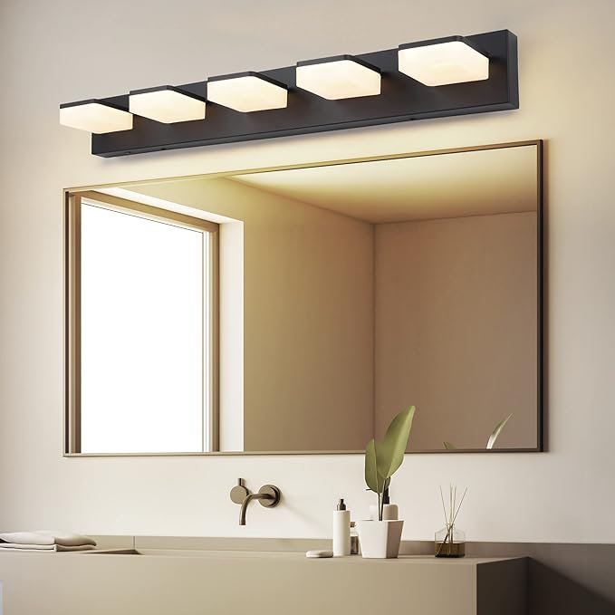 3 Colors Dimmable Black Vanity Light, LED Bathroom Light Fixtures over Mirror, Acrylic Stainless Steel Vanity Lighting Fixtures, 5 Light Bathroom Vanity Light,Adjustable 3000K/4000K/6000K,360° Rotate