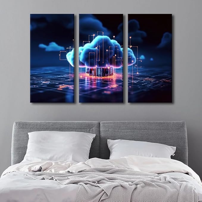 TUMOVO 3 Panel Large Wall Art Crypto, AI, Firewall Network Security, Artificial Intelligence, Cyber Security, Cloud Managed, Circuit Board Picture Poster for Home Wall Decorations, 60" Wx40 H