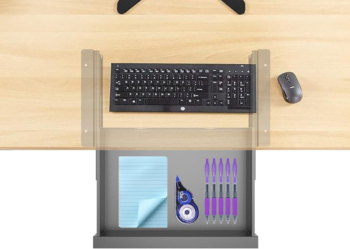 Under Desk Mounted Sliding Pull-out Drawer, W 15.3" x D 8.8" Storage Organizer for Sit Stand Workstation, Metal, Black (Medium)