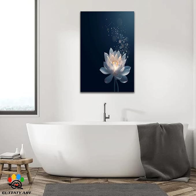 Zen Lotus Canvas Wall Art, Black White Zen Bathroom Wall Art Lotus Picture, Floral Spiritual Meditation Painting Artwork, lotus flower pictures bathroom decor zen painting for Yoga Spa 28x40 inch