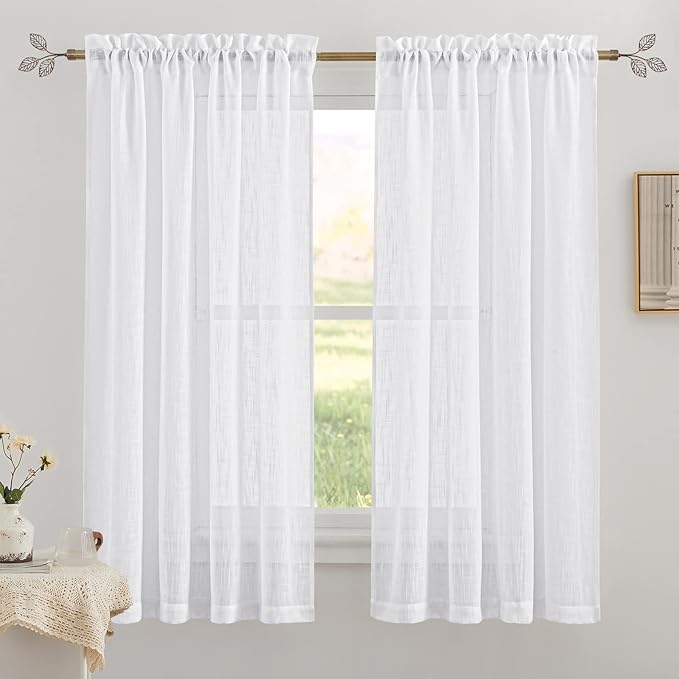 RYB HOME Semi Sheer Curtains - Privacy Linen Curtains Light Filtering Loose Weave Soft Drapes for Bedroom Living Room Bathroom Window Decor, White, 34 inch Wide x 63 inch Long, 1 Pair