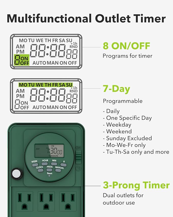 BN-LINK 7 Day Heavy Duty Outdoor Digital Stake Timer, 6 Outlets, Weatherproof, 2X Outdoor Extension Cord Safety Cover Waterproof, Fits 12/14/16 AWG Green