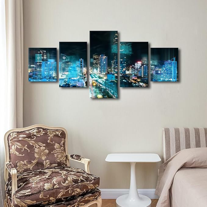 Canvas Wall Art Bangkok Night Cityscape Picture Printing Digital Transformation Poster 5 Panel Smart City Decorate Big Data Researchers Home Decoration Frame and Stretched Ready to Hang 50x24 Inch
