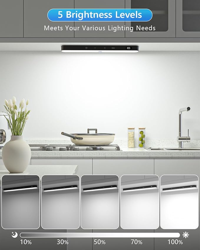 Ferswe Under Cabinet Lights Rechargeable, Battery Level Display, 60 LED Motion Sensor Cabinet Light, Dimmable Touch Control, Under Counter Lights for Kitchen, Closet, Cupboard(2 Pack)