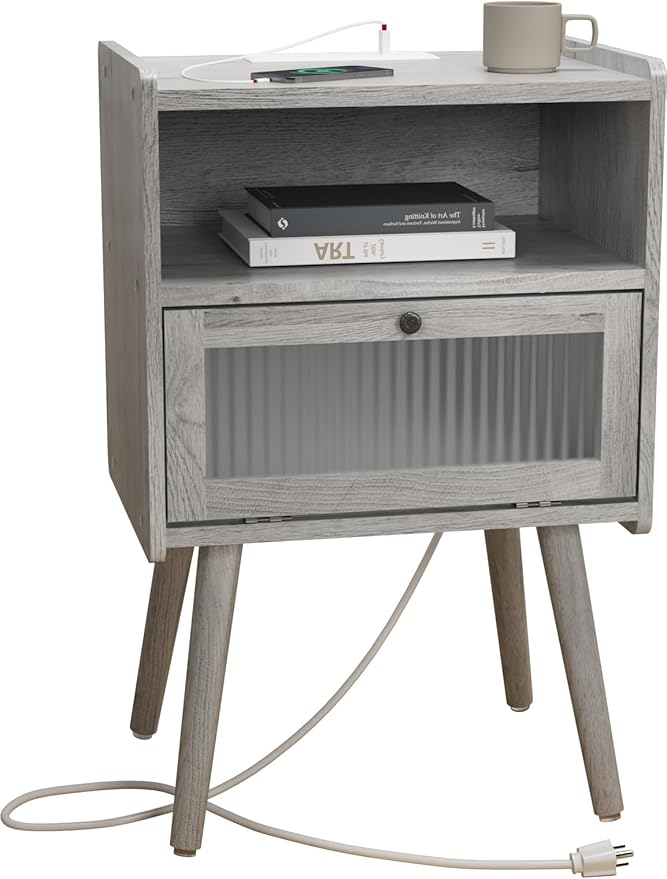 Mid Century Modern Nightstand with Charging Station, Bedside Tables with Glass Door, End Table Side Table with 2 Tiers Storage Space, for Bedroom, Living Room, Light Grey