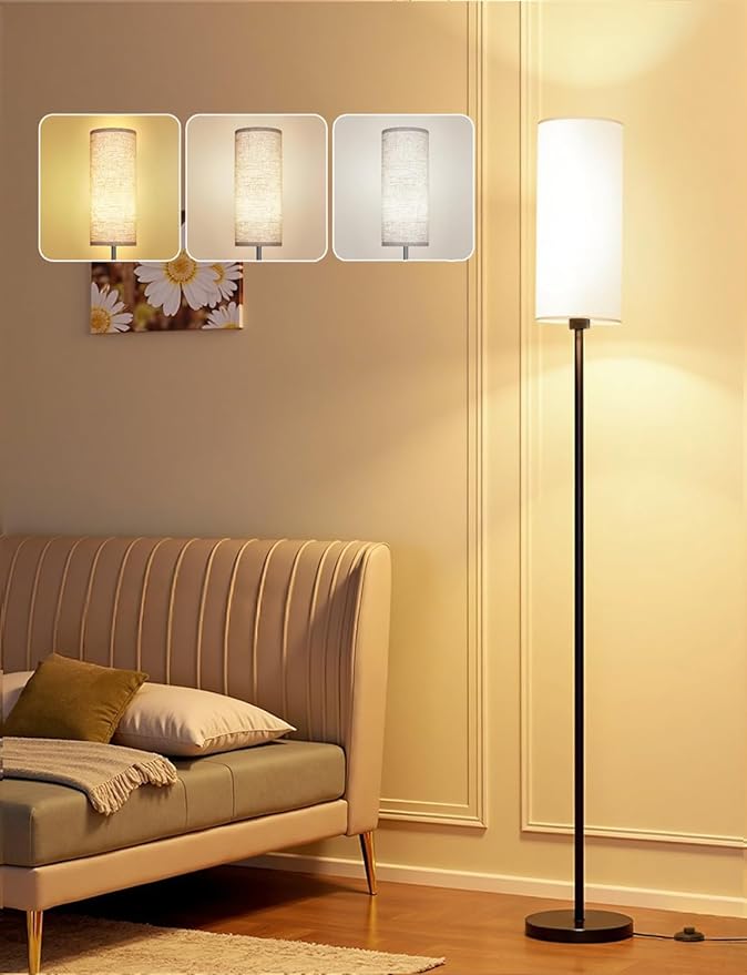 YHW LED Floor Lamp for Living Room with 3 Color Temperatures, Standing Lamp Tall Industrial Reading for Bedroom, Office, 12W LED Bulb, Beige Lampshade Included 68.89‘’