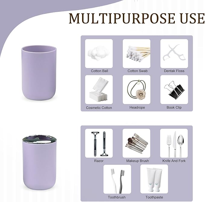 CERBIOR Bathroom Accessories Set 6 Piece Bath Ensemble Includes Soap Dispenser, Toothbrush Holder, Toothbrush Cup, Soap Dish for Decorative Countertop and Housewarming Gift (Purple)
