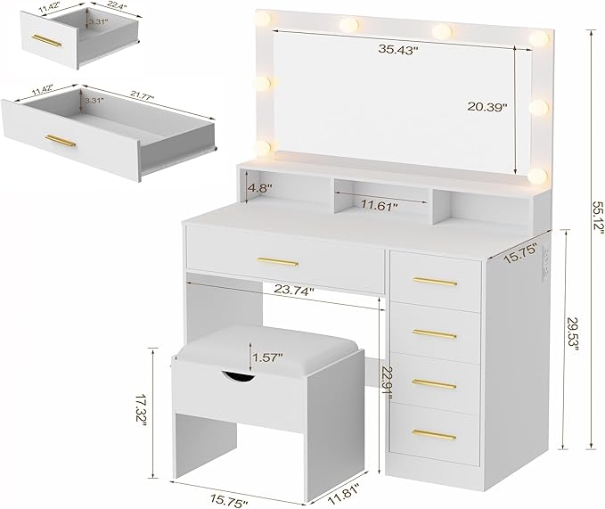 Vanity Desk with Mirror and Lights, 35.43" Large Mirror Makeup Table with Stool, 5 Drawers Dressing Table for Girls and Ladies Bedroom, White and Gold