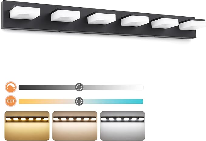 3 Colors Dimmable Bathroom Light Fixtures Over Mirror, LED Black Vanity Lights, Acrylic Stainless Steel 6 Light Bathroom Vanity Light Fixtures, Adjustable 3000K/4000K/6000K, 360° Rotate